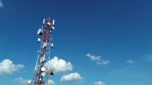 Dynamic aerial drone footage of Telecommunication cell phone tower signal Transmission with diverse angles and movements for technology for production design