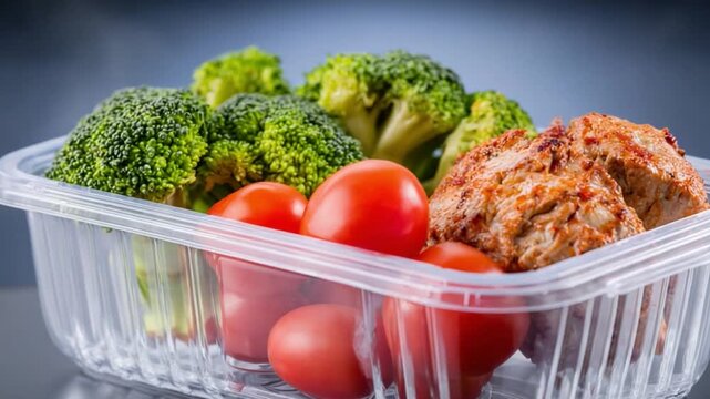 Fresh Food Delight: A vibrant assortment of raw ingredients is neatly arranged, suggesting a culinary journey. The picture features tomatoes, broccoli florets, and a cooked food item.