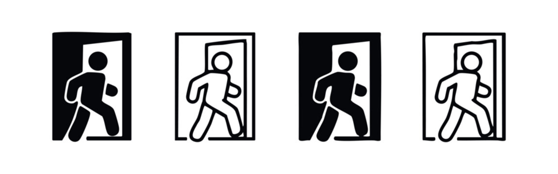 Emergency Exit Sign Icon Set. Person Walking Out of Door Pictogram. Safety Exit Symbol Vector Collection.