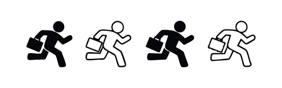 Business Person Running with Briefcase Icon Set. Urgent Deadline Concept. Professional Rush Hour Symbol.