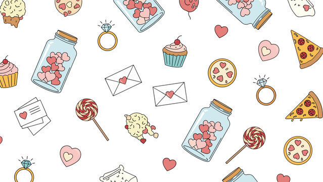 Romantic seamless pattern features various icons like love letters, cupcakes, pizza slices, diamond rings, and glass jars filled with pink hearts.