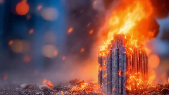 Burning Building: A captivating view of a building consumed by flames, showcasing the intensity of the fire and the damage caused.