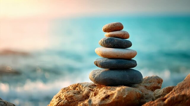 Zen Buddhism, meditation, inner peace, Chinese Japanese Asian tradition. Therapy stress release treatment, health lifestyle. A stack of pebbles balanced on a rocky beach at sunset.