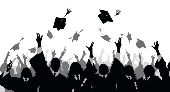Graduates celebrate commencement with tossed caps.