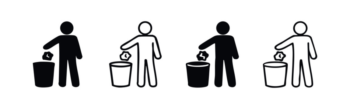 Person throwing crumpled paper into trash bin icon set