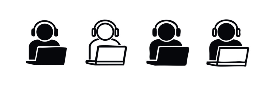 Person with headphones and laptop computer icon set