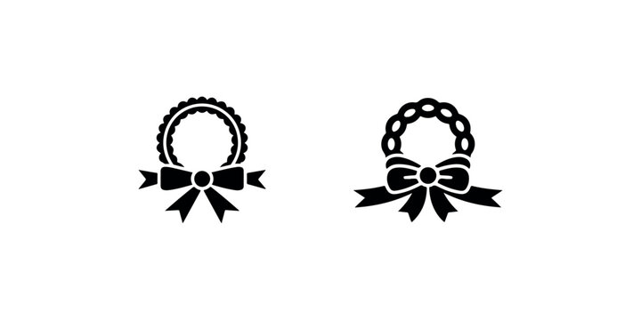 Two elegant decorative circular rosettes adorned with ribbons and bows in black and white, simple minimalist graphic vector illustration