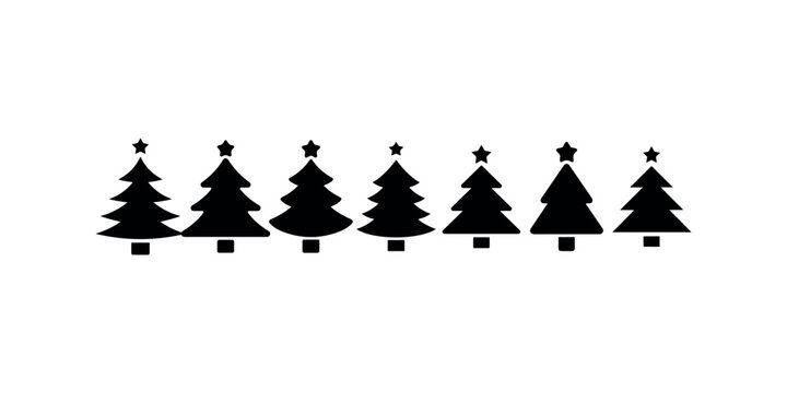 Set of seven black christmas tree icons with a star at top isolated on a clean white background simple graphic design vector illustration