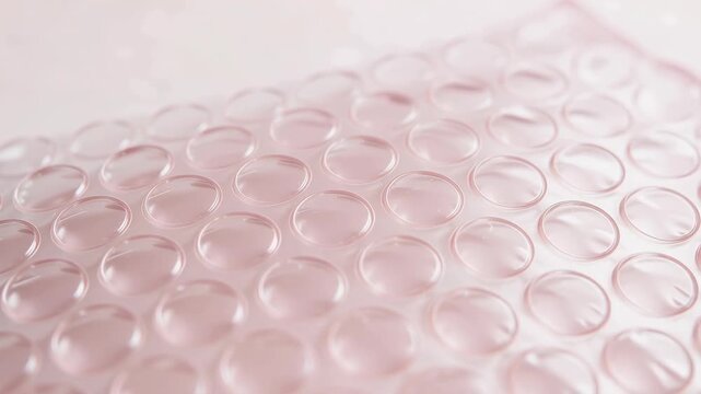 Close up of transparent pink bubble wrap packaging material with soft focus