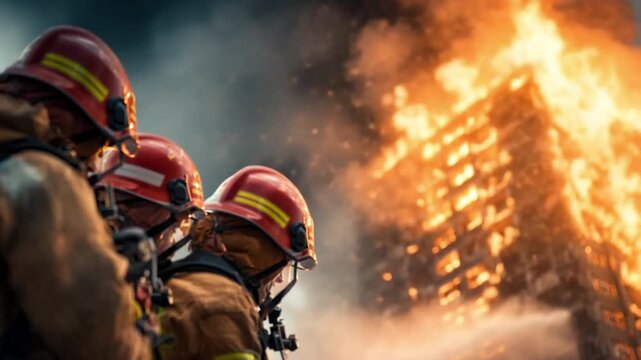 Courage Under Fire: Brave firefighters battle an intense blaze engulfing a building, their dedication and resilience on full display. 