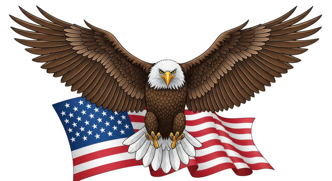 Majestic bald eagle with wings spread wide in front of the American flag transparent background