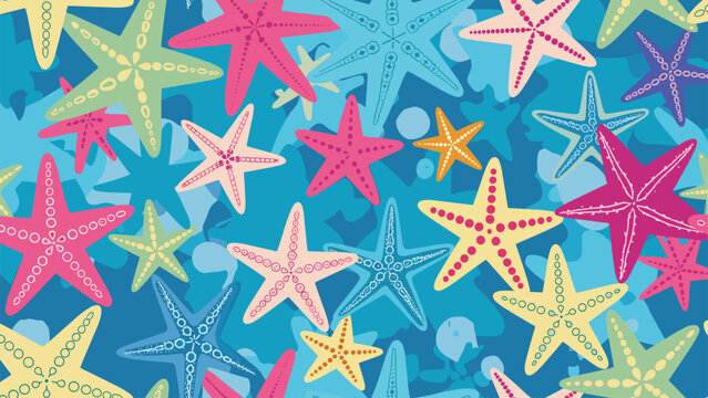 Vibrant seamless pattern features many colorful starfishes in pink, yellow, blue, and green shades overlapping each other on a dark blue background.