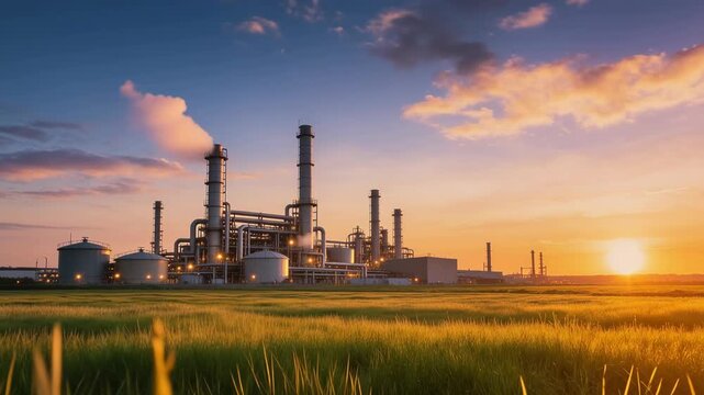 Industrial refinery plant with storage tanks and smokestacks at sunset over green grass field