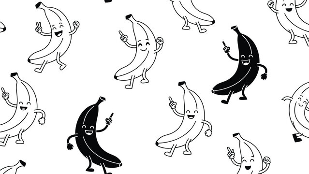 Fun seamless pattern features black and white cartoon bananas with faces and limbs dancing and striking poses on a clean white background.