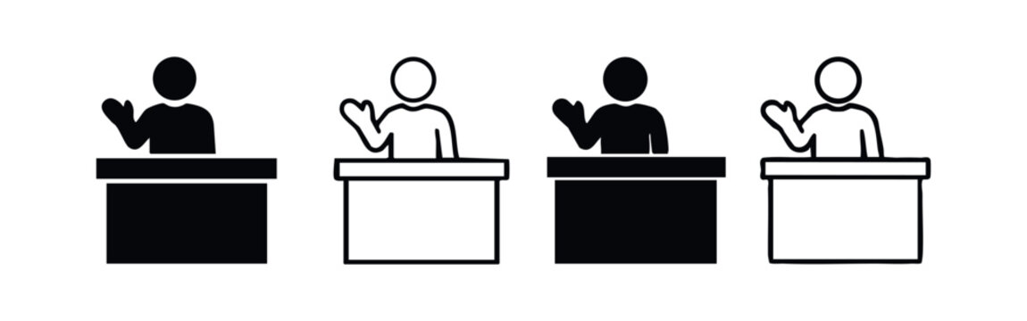 Speaker at Podium Icon Set - Public Speaking, Q&A Session, and Raise Hand for Question Vector Symbols