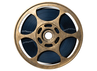 Obraz premium Vintage metal reel with dark celluloid strip wound inside isolated on a plain white background for cinema concepts