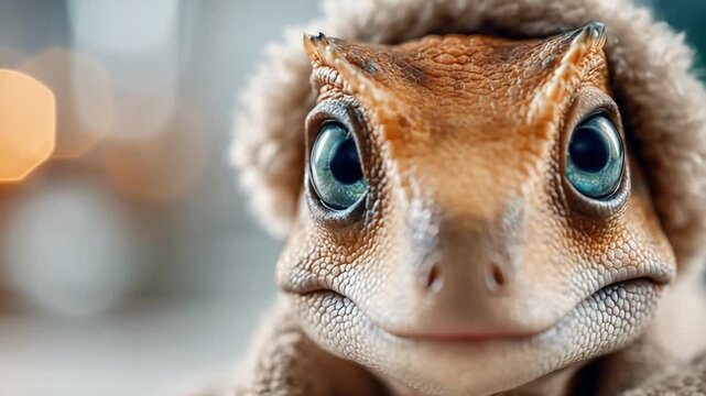 Cute Lizard in Hood: An adorable lizard with captivating blue eyes, nestled in a cozy hood, stares with innocent curiosity. Capturing a moment of gentle warmth and playful charm.