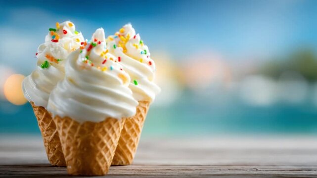 Summer Delight: A trio of creamy, swirled soft-serve ice cream cones, adorned with colorful sprinkles, evoke a sense of sweet, summery indulgence, perfect for a day at the beach.