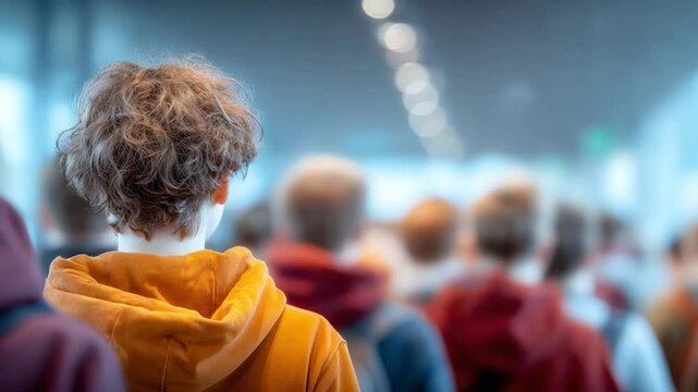 The Crowd's Embrace: A solitary individual is absorbed within a crowd of people, representing the multifaceted nature of the human experience.