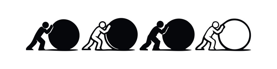 Single person pushing a heavy sphere or boulder icon set. © liubomir118809
