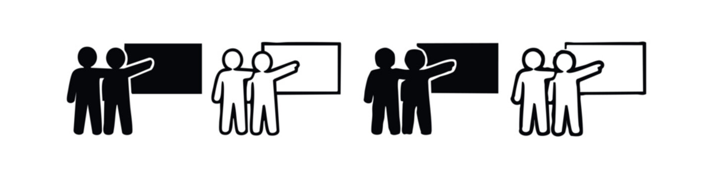 Two people presenting or explaining on a board icon set.