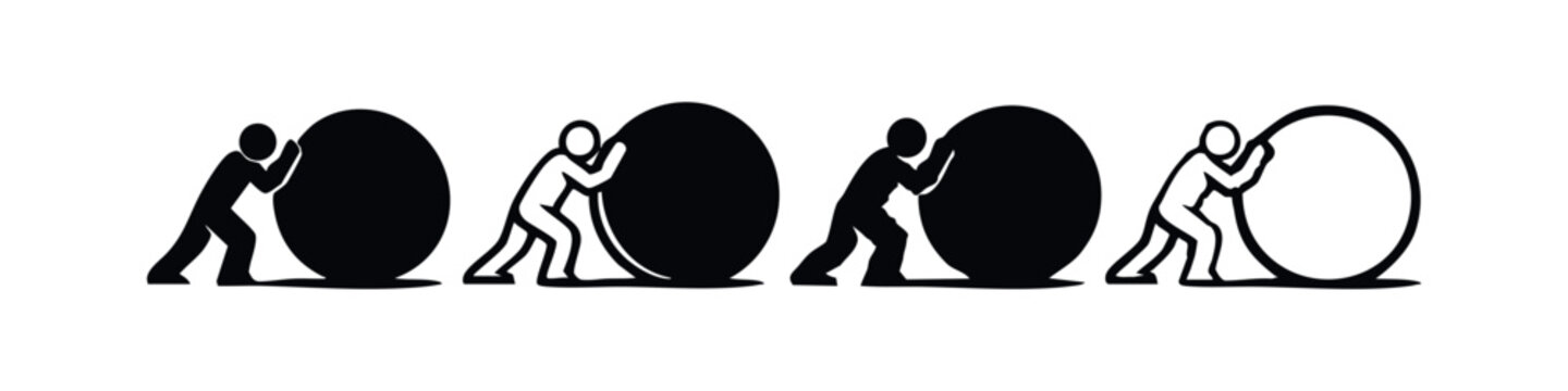 Single person pushing a heavy sphere or boulder icon set.