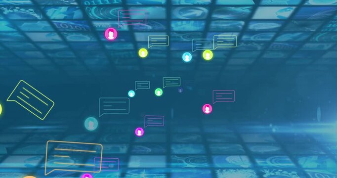 Animation starting avatars centering on tiled plane chat bubbles popping showing chat flow for tech