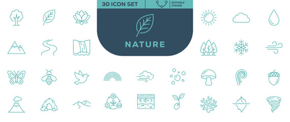 Nature Line Icons Set – Editable Stroke Environmental Elements Collection © Salam Studio