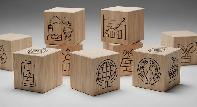 Collection of wooden stamp blocks with various symbols and designs