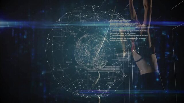 Holo globe activating woman rising and reaching by pole with data panels over torso demoing tech