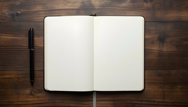 A blank notebook and pen on a wooden desk, ready for writing and creativity