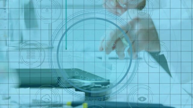 HUD grid sweeping in, tech hands picking blue cap, placing pin, dropping droplet for lab analysis