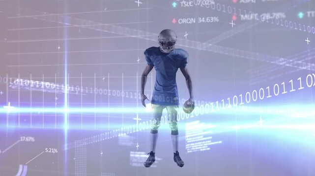 Walking in from left football player wearing helmet and jersey, holding ball, shifting for AR data