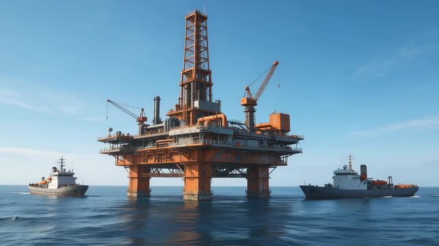 Offshore oil rig platform with supply ships in calm ocean under clear blue sky