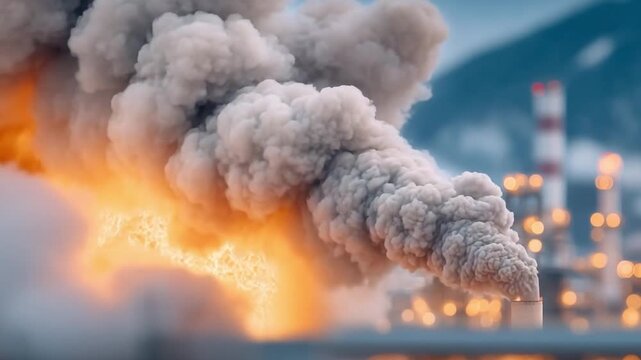 Smoke and Fire: Industrial smoke billows forth from a smokestack, juxtaposed with the intense glow of fire, creating a striking visual commentary on environmental issues.
