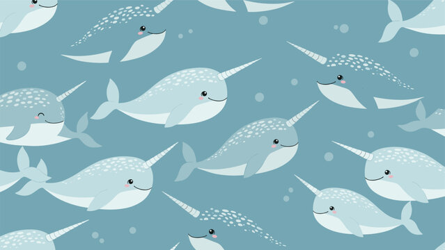 Adorable seamless pattern shows many light blue cartoon narwhals with long tusks swimming peacefully on a darker blue background with bubbles.
