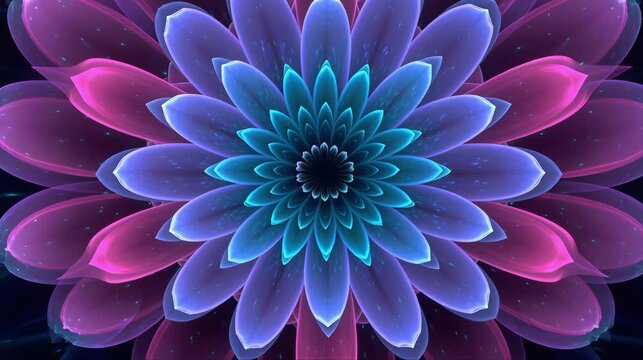 Blue and purple mandala flower animation with layered glowing petals, forming a hypnotic symmetrical background with elegant radial motion and vibrant abstract style