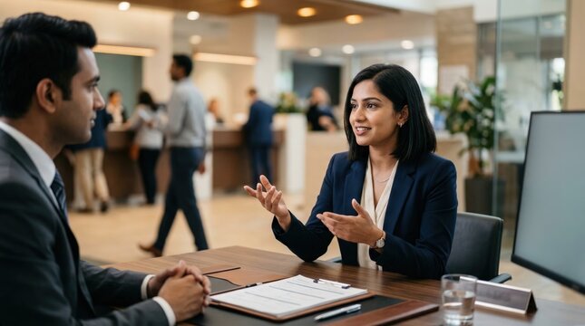 Medium shot of a young salaried woman confidently requesting a credit line increase focused on her gestures bank interior gently blurred behind.