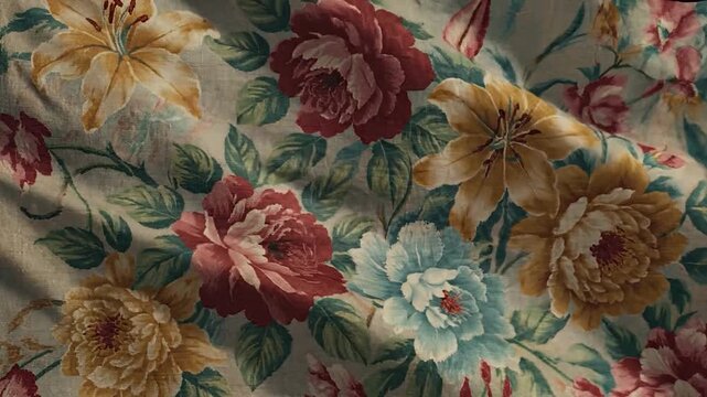 A detailed floral pattern on fabric with various colorful blooms and leaves