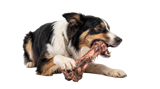 Tricolor Border Collie dog lying down, intensely chewing a large raw bone, isolated PNG on transparent background, a natural pet activity