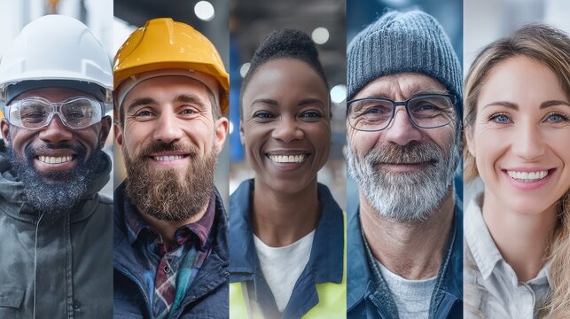 Diverse Group of Smiling Professionals: Workers from Various Industries Showcasing Teamwork and Positive Attitudes