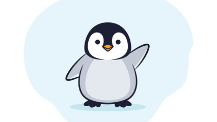 Obraz premium Adorable baby penguin with grey and white feathers is waving its flipper against a soft blue circular background.