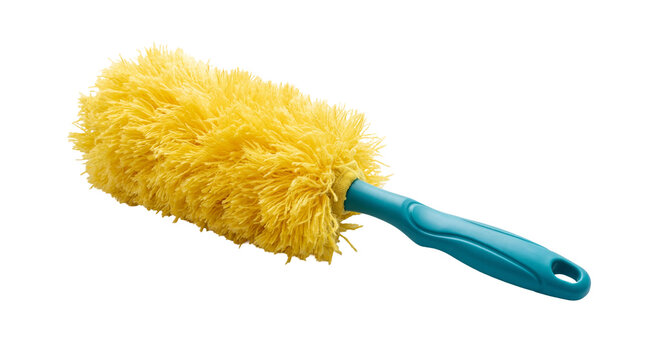 Bright yellow microfiber duster with a teal blue ergonomic handle, an essential household cleaning tool isolated PNG on transparent background