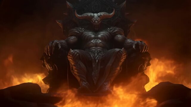 Static wide slow motion view of demon king seated on throne amid flames in volcanic cavern interior