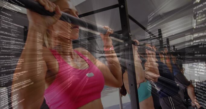 Pink woman leading fitness class doing pullups at rig reps driving overlay rising as camera closing