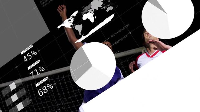 Two male soccer players tracking incoming ball, contesting header to win control, analytics sliding