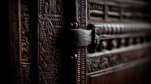 Close-up side view of an ancient wooden door, showcasing intricate carvings on the door jamb and a heavy metal hinge. Textured wood grain, detailed craftsmanship, soft directional light.