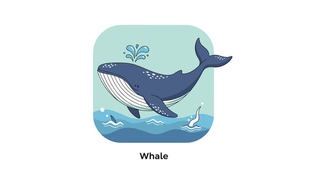 Friendly blue whale swims gracefully in the ocean with water spouting from its blowhole in a charming cartoon illustration style.