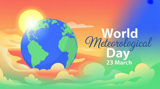 World meteorological day concept art showing planet earth rising through clouds with a bright sun, symbolizing