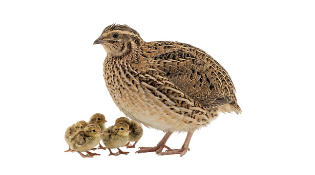 Adult quail bird with four fluffy baby chicks, a family group of game birds isolated on transparent background, poultry farming concept PNG